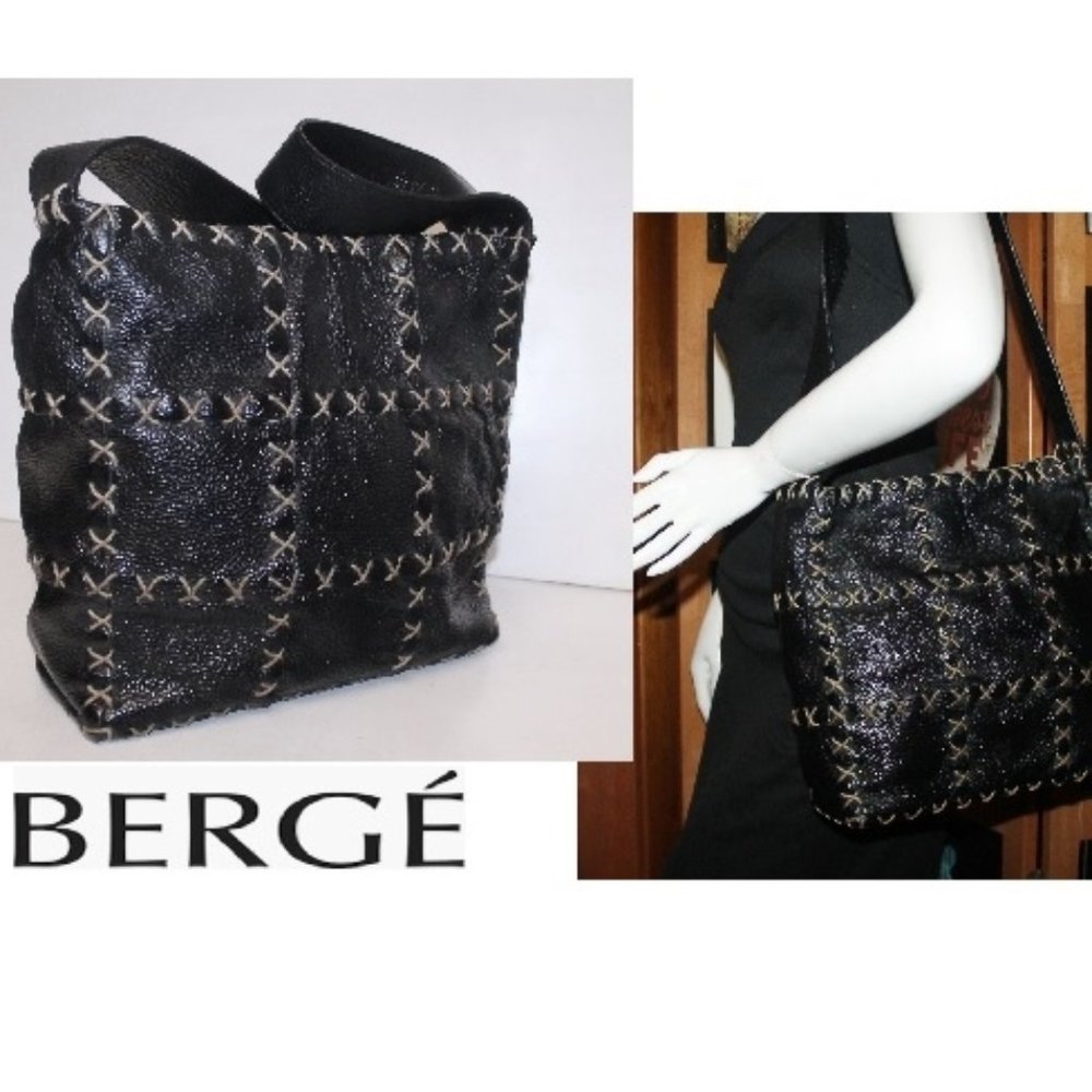 New Berge Italy Cross Stitch Soft Leather Designer Tote Shoulder Bag